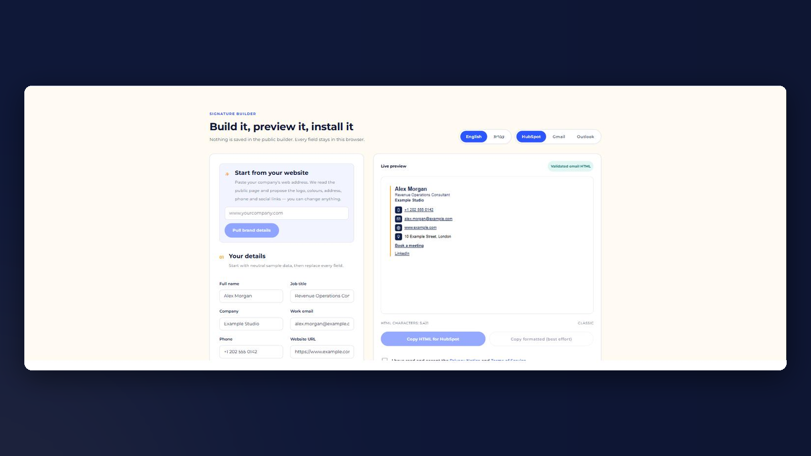 Strumento per la creazione di firme e-mail con campi di contatto e anteprima in tempo reale