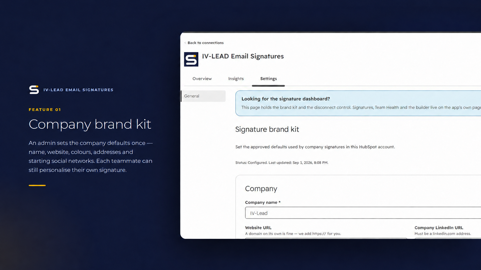 Impostazioni del kit di branding aziendale nell'app collegata a HubSpot